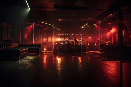 Interior of a night club with tables and chairs, lights and smoke, empty nightclub, with dim lighting casting a soft  warm glow, AI Generatedの素材