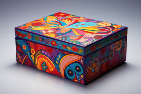 Colorful gift box with abstract patterns on a gray background. 3d illustration, beautiful and imaginative gift box, containing a stunning array of colorful, imaginative decorations, AI Generatedの素材
