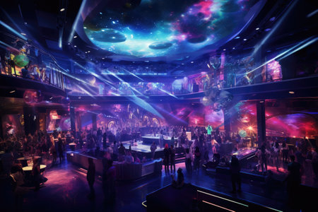 Interior of a night club with people and neon lights, toned, serene night club, featuring a plush ballroom filled with patrons dancing to the music, AI Generatedの素材