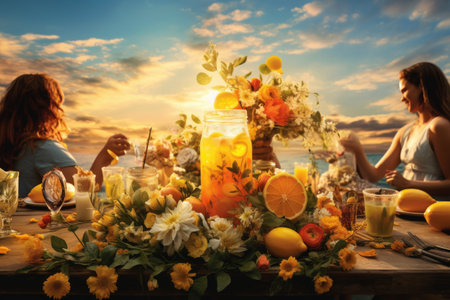 Summer party on the beach at sunset. Table with glasses of lemonade, orange juice, lemonade, lemonade, ice cream and fresh fruits, a sweet, lemony lemonade adorning a festive table, AI Generatedの素材