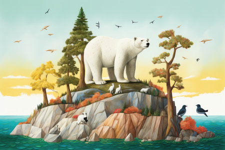 polar bear on the rock in the sea, illustration for children, stranded polar bear, stranded on a barren island, AI Generatedの素材