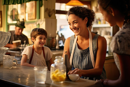 Little boy and his mother at a bar counter. They are smiling and looking at each other. family enjoying a steaming cup of lemonade on a sunny day in a quaint, cozy coffee shop, AI Generatedの素材