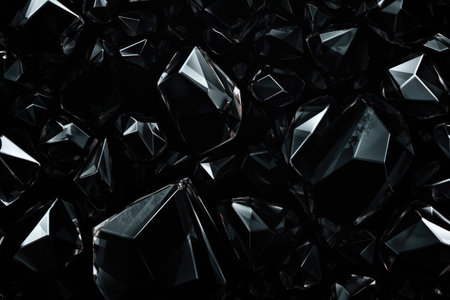 3d rendering of a pile of black diamond shapes on a black background, abstract black crystal background, AI Generatedの素材