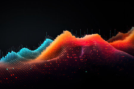 abstract colorful sound waves on dark background, 3d render illustration, Abstract data wave points 3D graph combination, AI Generatedの素材