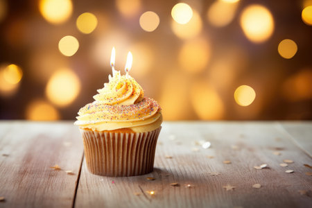 Birthday cupcake with candle on wooden table against defocused lights, Birthday cupcake with candle on wooden table against bokeh background, AI Generatedの素材