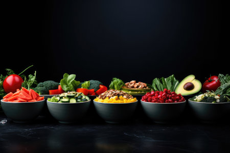 Healthy eating concept. Fresh vegetable salad in bowl on black background, Bowls of healthy food on Black background. Healthy eating concept, AI Generatedの素材