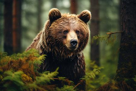 Beautiful brown bear in the forest. Wild animal in the forest, Brown bear in the forest, close-up of a wild animal, AI Generatedの素材