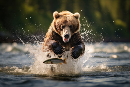 Brown bear chasing a salmon in the water. Scientific name, Ursus arctos. Brown bear catches a salmon in the river, AI Generatedの素材