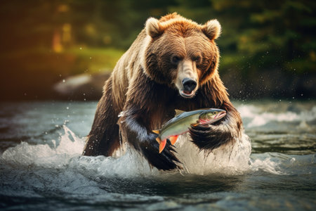 Brown bear catches a fish in the river. Kamchatka. Brown bear catches a salmon in the river, AI Generatedの素材