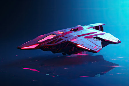 Futuristic spaceship on the dark background. 3D rendering. Abstract Expressionism Meets Hyperrealistic Minimalism in Synthwave Spaceship, AI Generatedの素材
