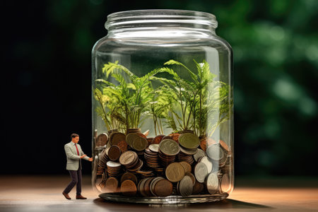 Businessman standing in a glass jar with coins and green plant. Businessman saving money in a glass jar, top section cropped, no hand deformation, AI Generatedの素材
