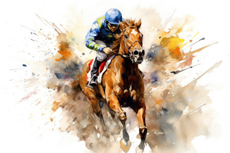 Horse racing jockeys on a race, watercolor illustration, Abstract racing horse with jockey from splash of watercolors, AI Generatedの素材