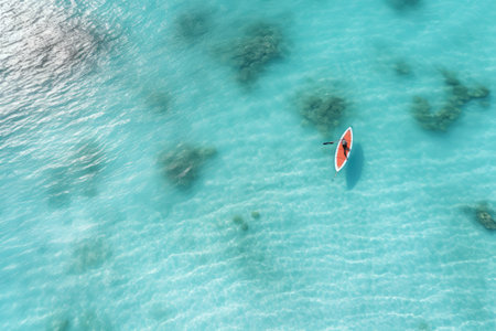 Aerial view of a kayak in the turquoise sea, Aerial view of a woman on a surfboard in the turquoise waters of the Maldives, AI Generatedの素材