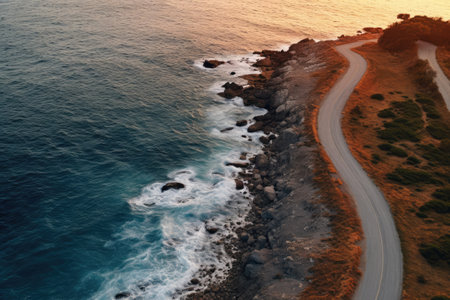 Aerial view of a winding road in the Atlantic Ocean at sunset, aerial view of a road going along the sea at sunset, AI Generatedの素材