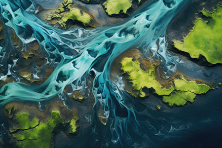 Fantasy alien planet. Abstract fractal shapes. 3D rendering illustration background. Aerial view from above on a green and blue glacier river stream in South Iceland, AI Generatedの素材