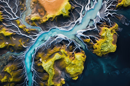 Aerial view of volcanic crater lake in Iceland. Drone photography. Aerial view from above on a green and blue glacier river stream in South Iceland, AI Generatedの素材