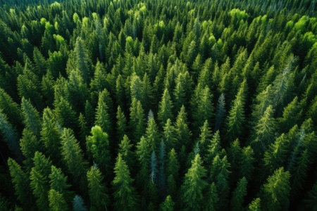 Aerial view of coniferous forest. Top view from drone, Aerial view of green summer forest with spruce and pine trees in Finland, AI Generatedの素材