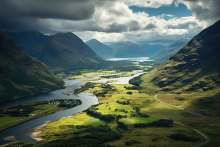 Aerial view of Glencoe Reservoir, Highlands, Scotland, UK, Aerial View of Glencoe and the Mountains Surrounding The Small Town in Scotland, AI Generatedの素材