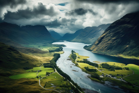 Aerial view of Glencoe in Scotland, United Kingdom, Europe. Aerial View of Glencoe and the Mountains Surrounding The Small Town in Scotland, AI Generatedの素材