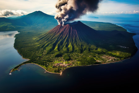 Aerial view of Mount Bromo Volcano, East Java, Indonesia, Aerial view of Gamalama Volcano on Ternate, Indonesia, AI Generatedの素材