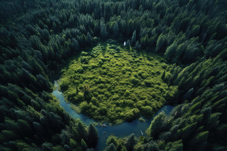 Aerial view of a small lake in the middle of a forest, Aerial view of forest, AI Generatedの素材