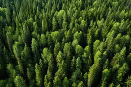 Aerial view of coniferous forest in sunny summer day. Aerial view of green summer forest with spruce and pine trees in Finland, AI Generatedの素材