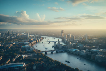 Aerial view of London skyline at sunset with skyscrapers and bridges. Aerial view of London and the River Thames, AI Generatedの素材