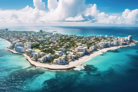 Aerial view of beautiful tropical beach with white sand, turquoise water and blue sky. Aerial view of Male the capital of the Maldives,  AI Generatedの素材