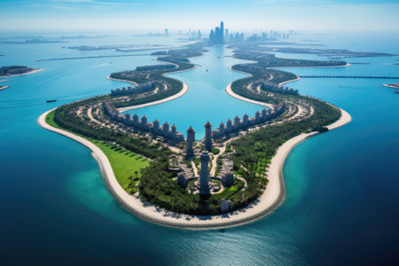 Aerial view of Zhejiang Jinji Lake in Suzhou, China, Aerial View Of Palm Island In Dubai, AI Generatedの素材