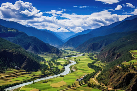 Beautiful view of the valley and mountains in Sichuan, China, Aerial view of Paro Valley; Bhutan, AI Generatedの素材