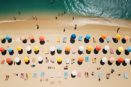Aerial view of people sunbathing and sunbathing on the beach, Aerial view of people sunbathing on the beach in summer, AI Generatedの素材