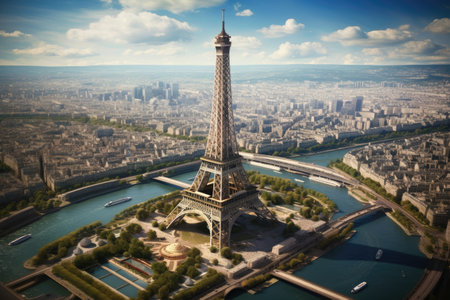 The Eiffel Tower in Paris, France. Aerial view. Aerial view of the Eiffel Tower, AI Generatedの素材