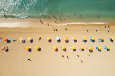 Aerial view of people on the beach in summer. Top view from drone, Aerial view of people sunbathing on the beach in summer, AI Generatedの素材