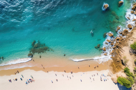 Aerial view of the beautiful beach of Calella, Andalusia, Spain, Aerial view of sandy beach with tourists swimming in beautiful clear sea water, AI Generatedの素材