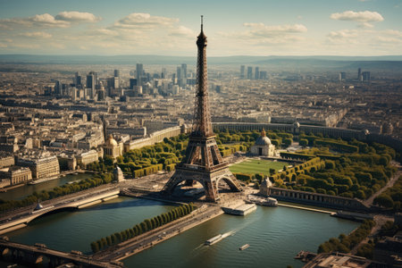 Eiffel Tower in Paris, France. Beautiful panoramic view. Aerial view of the Eiffel Tower, AI Generatedの素材