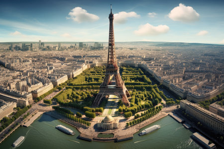 Aerial view of Eiffel Tower in Paris, France. Aerial view of the Eiffel Tower, AI Generatedの素材