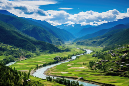 Terraced rice field in Yunnan, China. Yunnan is a UNESCO World Heritage Site. Aerial view of Paro Valley; Bhutan, AI Generatedの素材