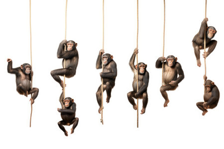 Chimpanzee monkeys hanging on a rope isolated on white background, Chimpanzees hanging on trees in different positions on a white background, side view, AI Generatedの素材
