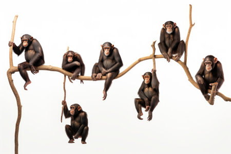 Chimpanzee monkey sitting on a branch isolated on white background, Chimpanzees hanging on trees in different positions on a white background, side view, AI Generatedの素材