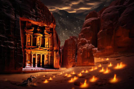 The ancient city of Petra in Jordan at night. 3D rendering, Al Khazneh in Petra, Jordan at night, AI Generatedの素材