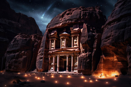 The Treasury in Petra, Jordan at night with starry sky. Al Khazneh in Petra, Jordan at night, AI Generatedの素材