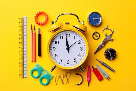 Yellow alarm clock and school supplies on yellow background. Back to school concept. Alarm clock, paint, pencils and scissors. School accessories on a yellow background. View from above, AI Generatedの素材
