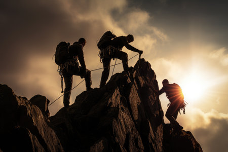 Silhouette of a group of climbers reaching the top of a mountain, Climbers helping another climber to climb up, Rear View, No visible faces, AI Generatedの素材