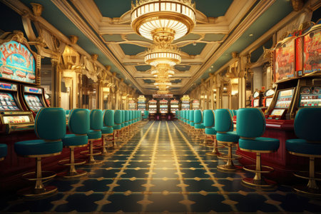 Luxury casino interior with slot machines, 3d render. Classic vintage american las vegas casino interior, AI Generatedの素材
