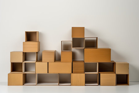 Stack of wooden cubes on white wall background. 3d render illustration, array of nested boxes, The boxes are arranged in a natural manner, each containing a content-rich area, AI Generatedの素材
