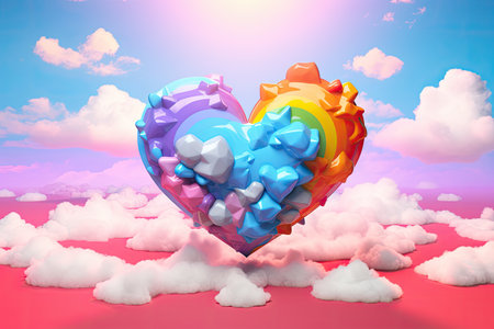 3d render of rainbow heart with clouds on sky background. Love concept, Colorful heart in the form of a cloud on a colorful background, AI Generatedの素材