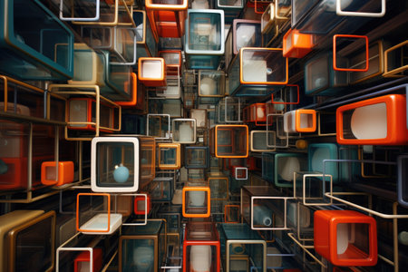 3d render of a lot of colorful abstract cubes in a room, nested boxes, The boxes are interconnected by tubes, AI Generatedの素材