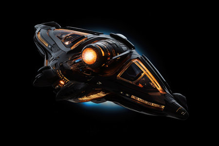 3D CG rendering of space ship. High resolution image isolated on black. An intergalactic modern spaceship orbiting a distant planet on a Black background, AI Generatedの素材