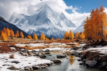 Autumn mountain landscape with yellow larch trees and snow-capped peaks, Colorful in autumn forest and snow mountain at Yading nature reserve, AI Generatedの素材