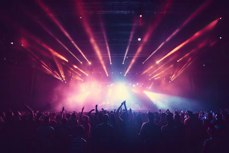 Concert crowd in front of a bright stage with lights and smoke, Concert crowd in front of bright stage lights - 3D render, AI Generatedの素材